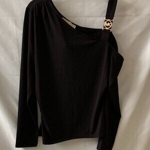 MICHAEL KORS Asymmetrical One Shoulder with Sleeves Top in Black/Gold Sz LARGE